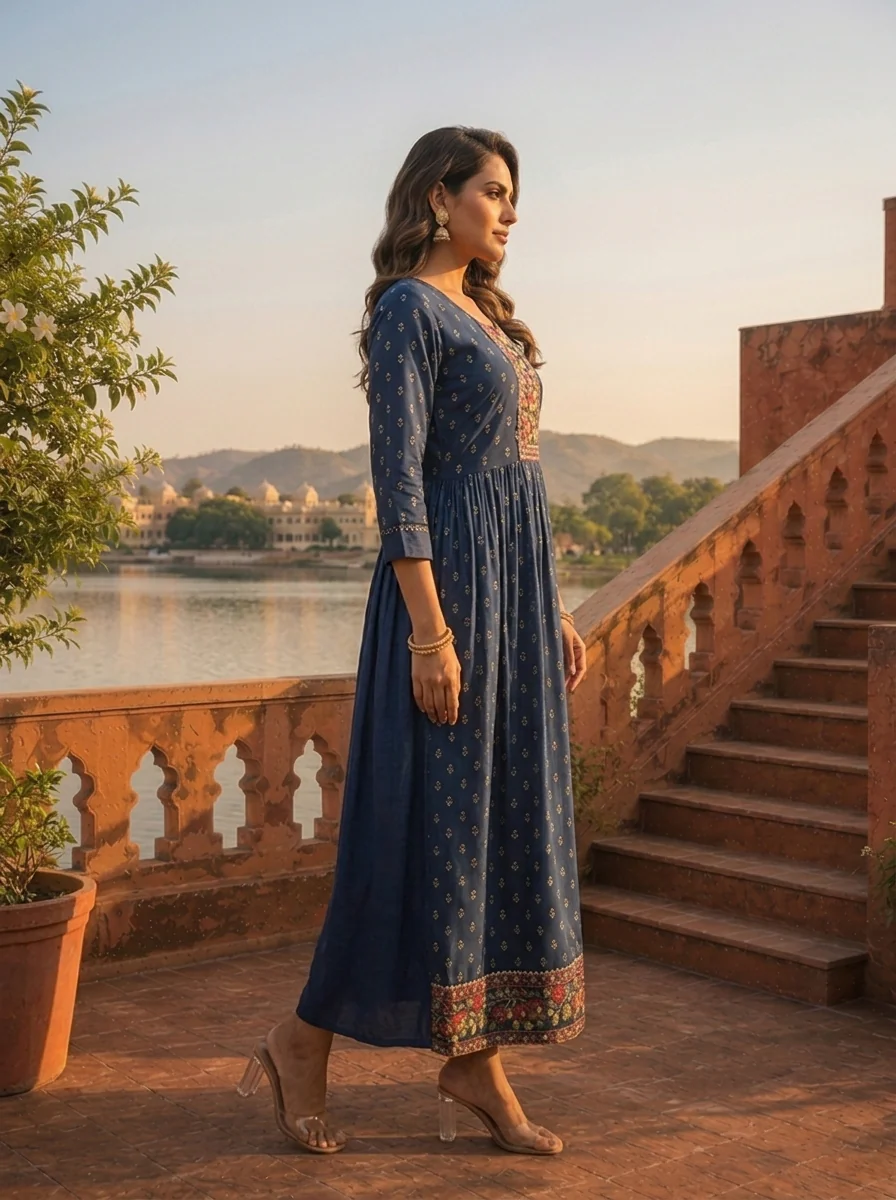 Navy Blue Crepe Gold Foil Buti Printed Dress - Image 3