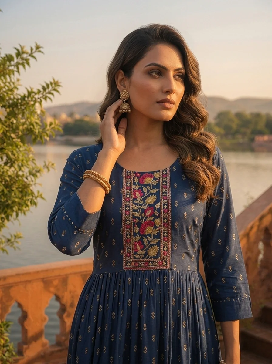 Navy Blue Crepe Gold Foil Buti Printed Dress - Image 4