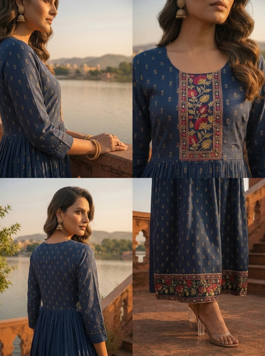 Navy Blue Crepe Gold Foil Buti Printed Dress - Image 5