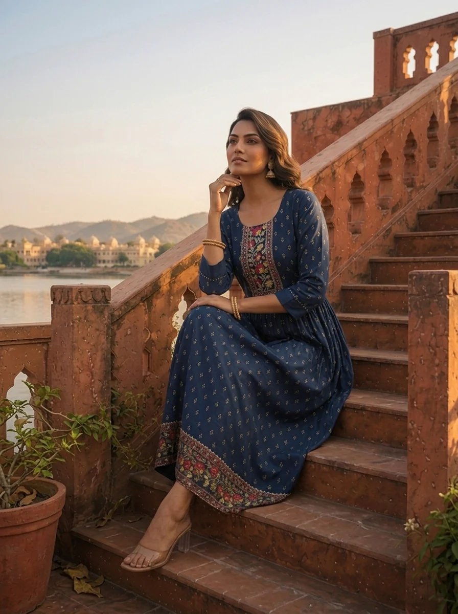 Navy Blue Crepe Gold Foil Buti Printed Dress - Image 6