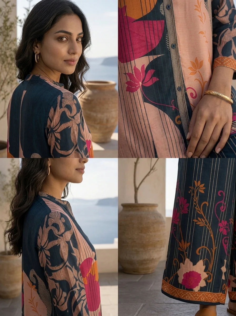 Navy Blue Ethnic Printed Crepe Two Piece Set - Image 2