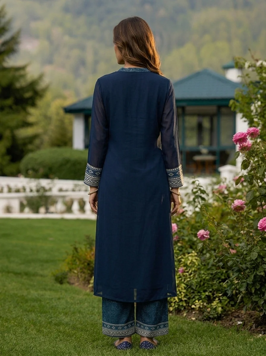 Navy Blue Georgette Floral Printed Three Piece Set - Image 3