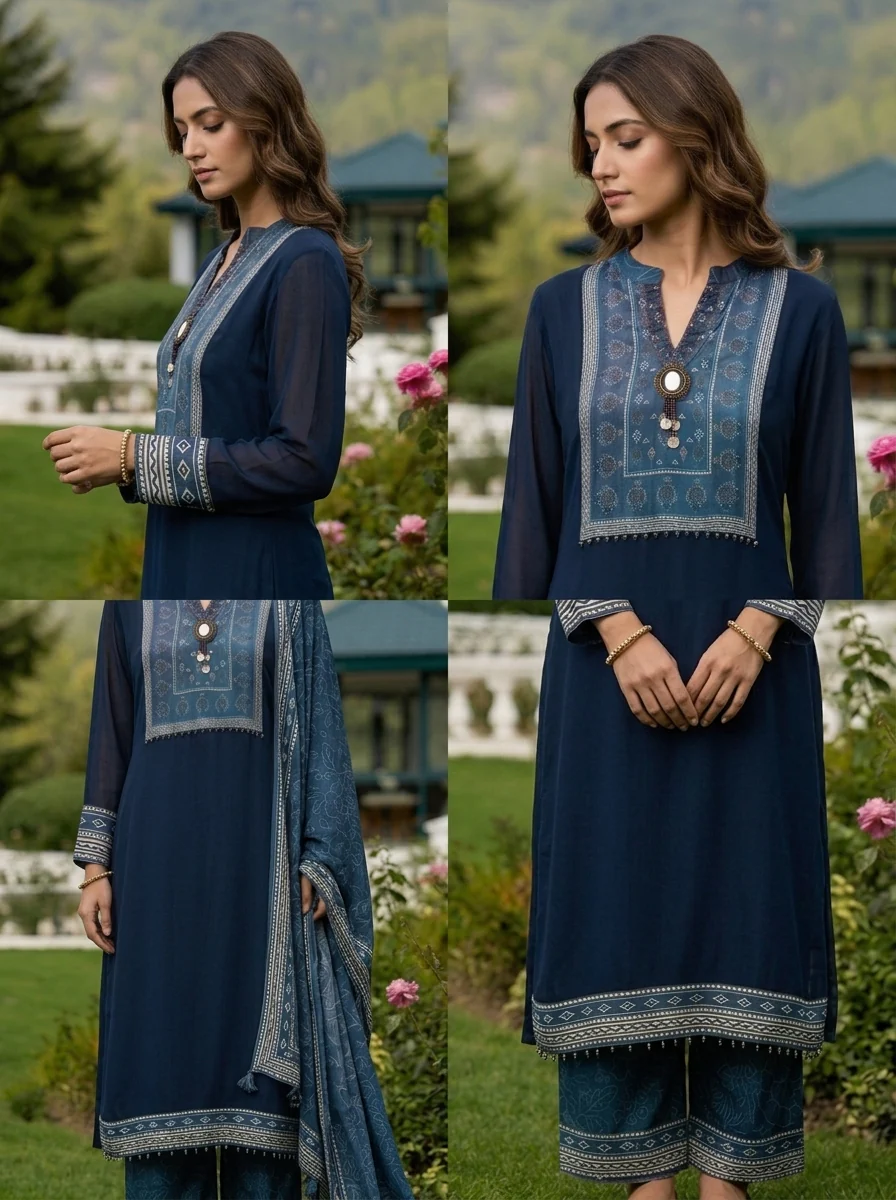 Navy Blue Georgette Floral Printed Three Piece Set - Image 5