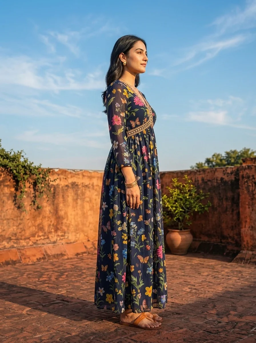 Navy Blue Georgette Multi Color Digital Floral Printed Dress - Image 2