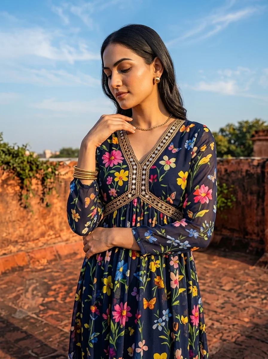 Navy Blue Georgette Multi Color Digital Floral Printed Dress - Image 3