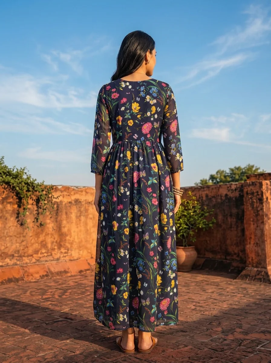 Navy Blue Georgette Multi Color Digital Floral Printed Dress - Image 4