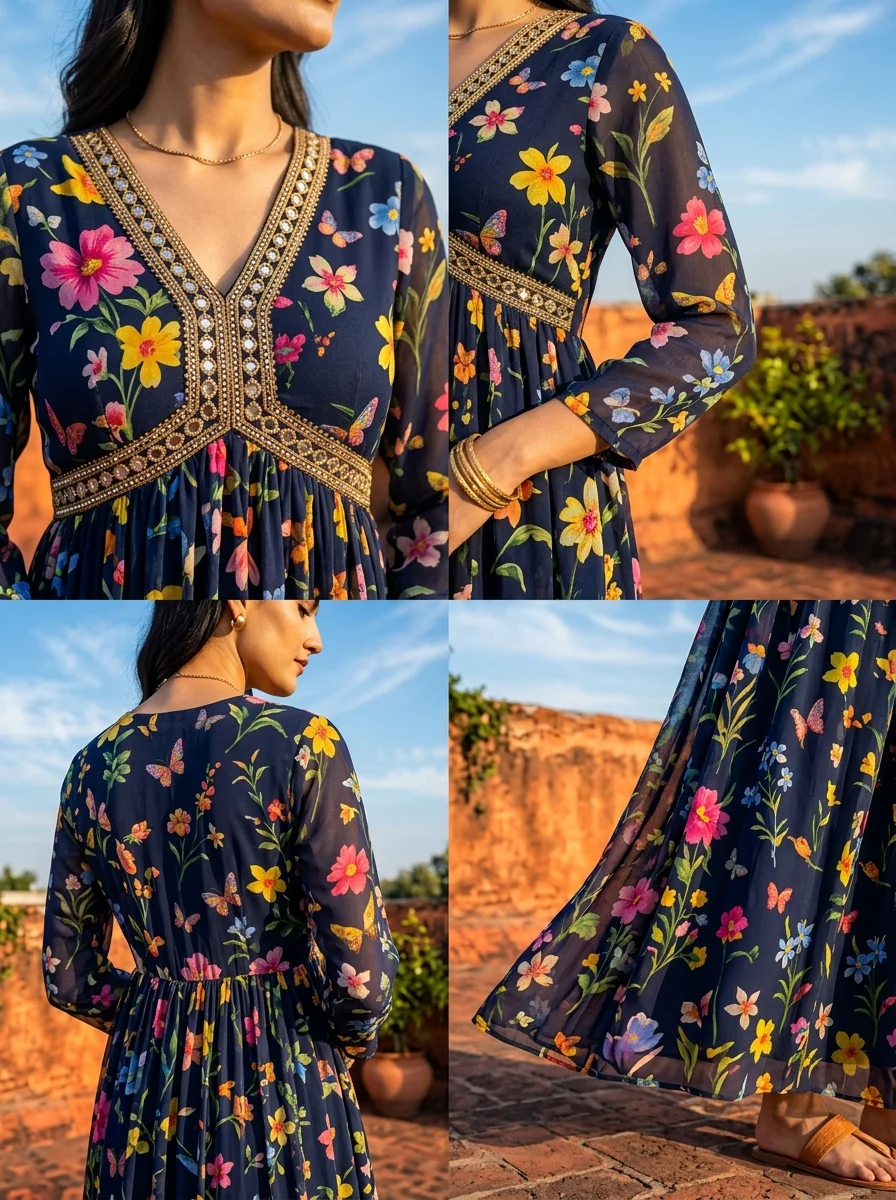 Navy Blue Georgette Multi Color Digital Floral Printed Dress - Image 5