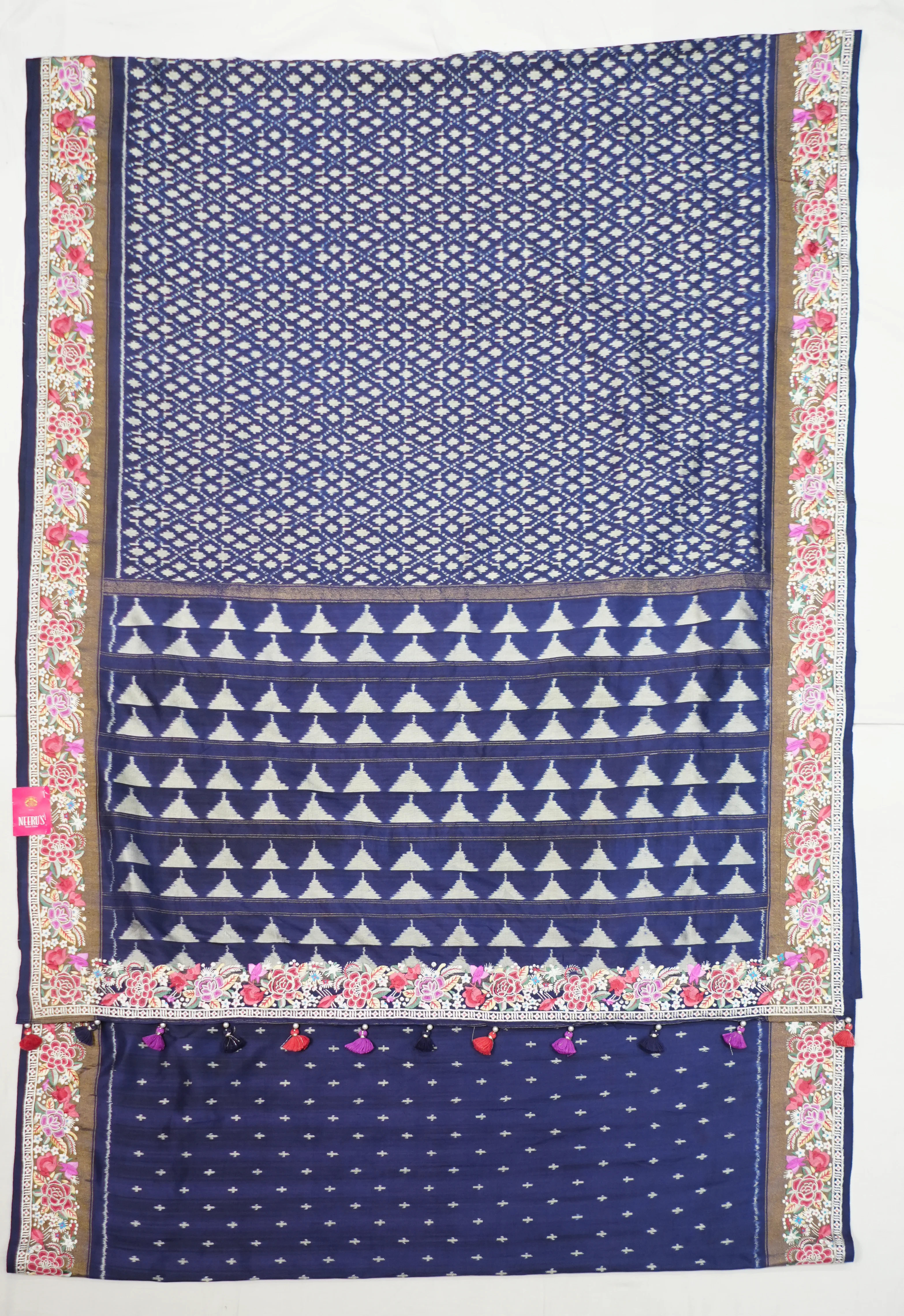 Navy Blue Handloom Patola Saree With Designer Petite Point Embroidery Border - Image 2