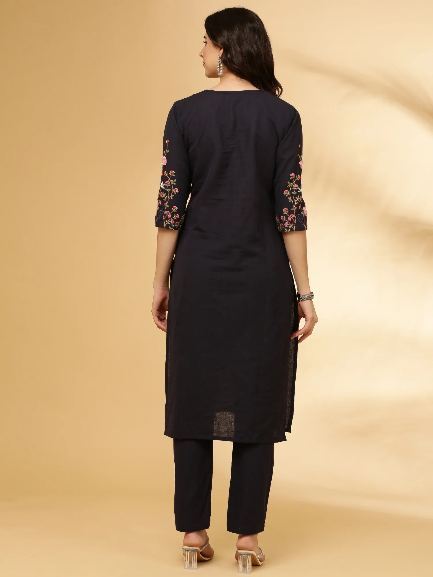 Navy Blue Linen Embroidered Two Piece Set - Image 3
