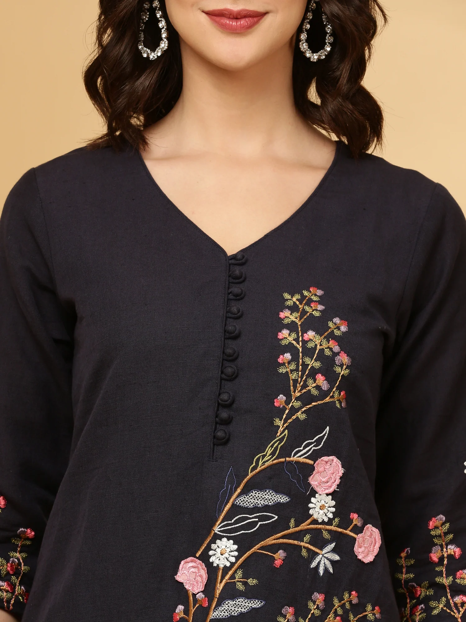 Navy Blue Linen Embroidered Two Piece Set - Image 4