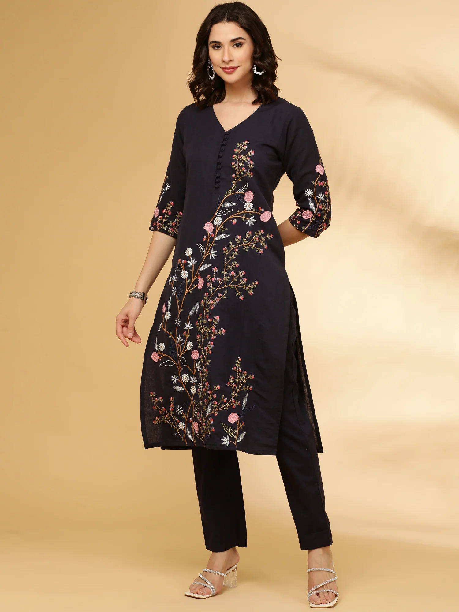 Navy Blue Linen Embroidered Two Piece Set - Image 5