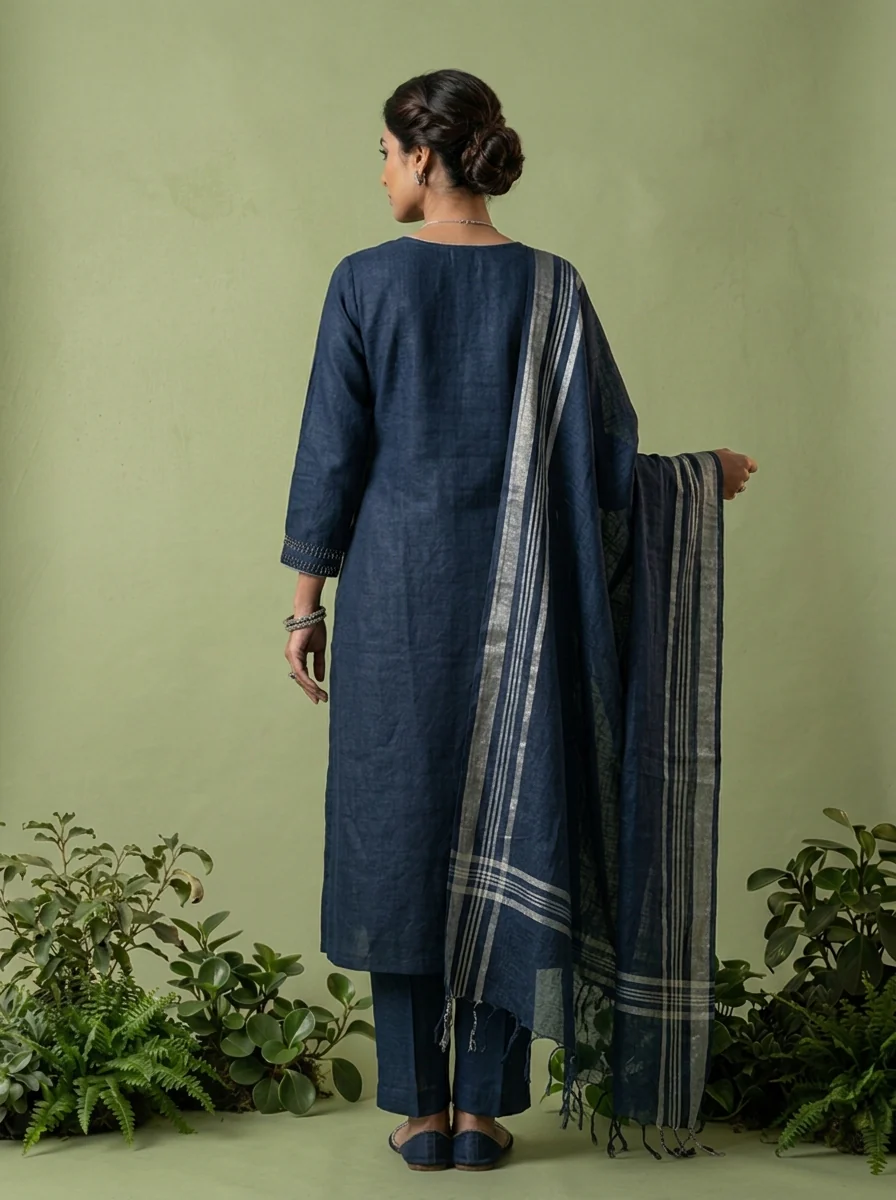 Navy Blue Linen Floral Thread Embroidery Three Piece Set - Image 3