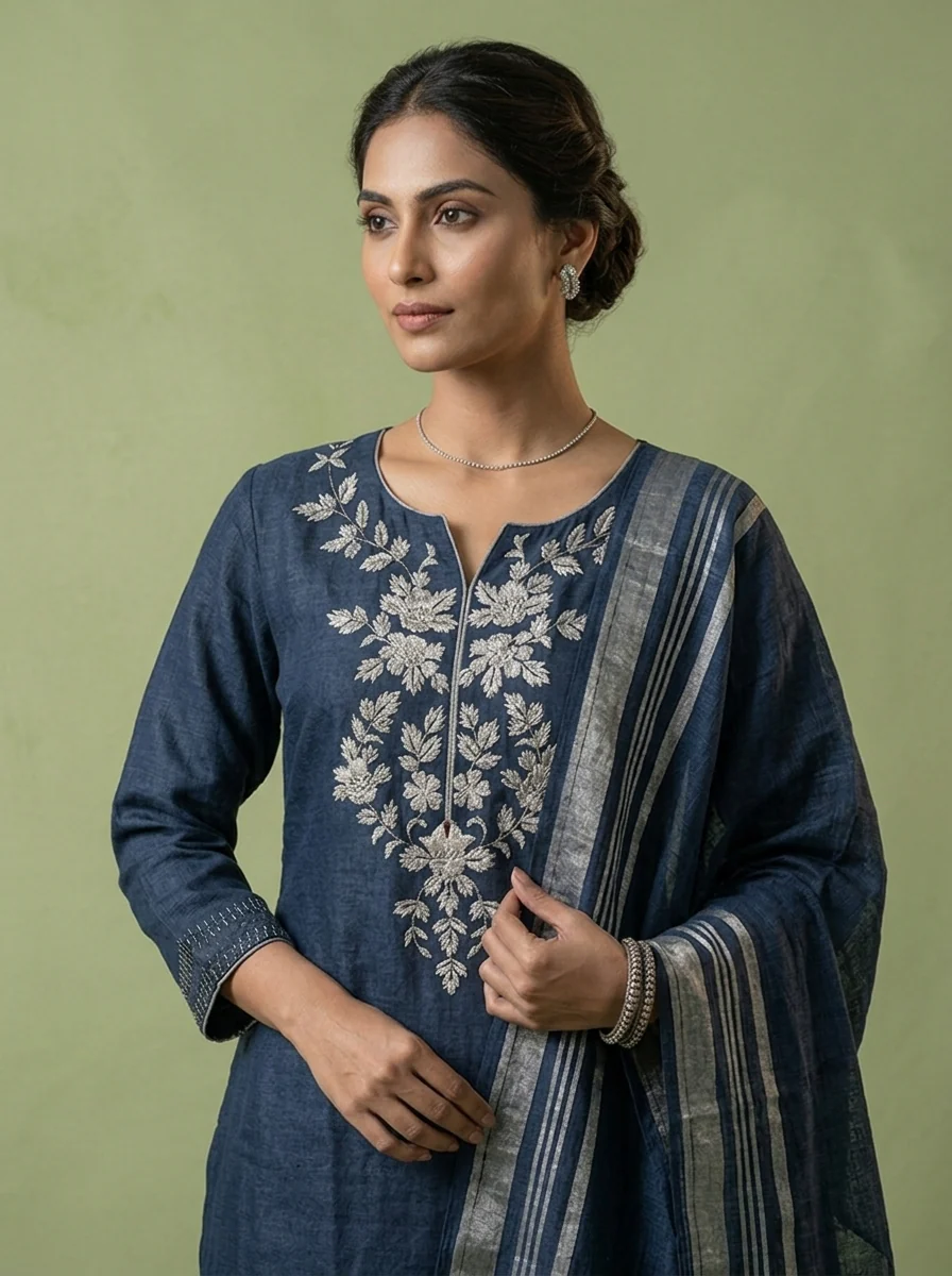 Navy Blue Linen Floral Thread Embroidery Three Piece Set - Image 4