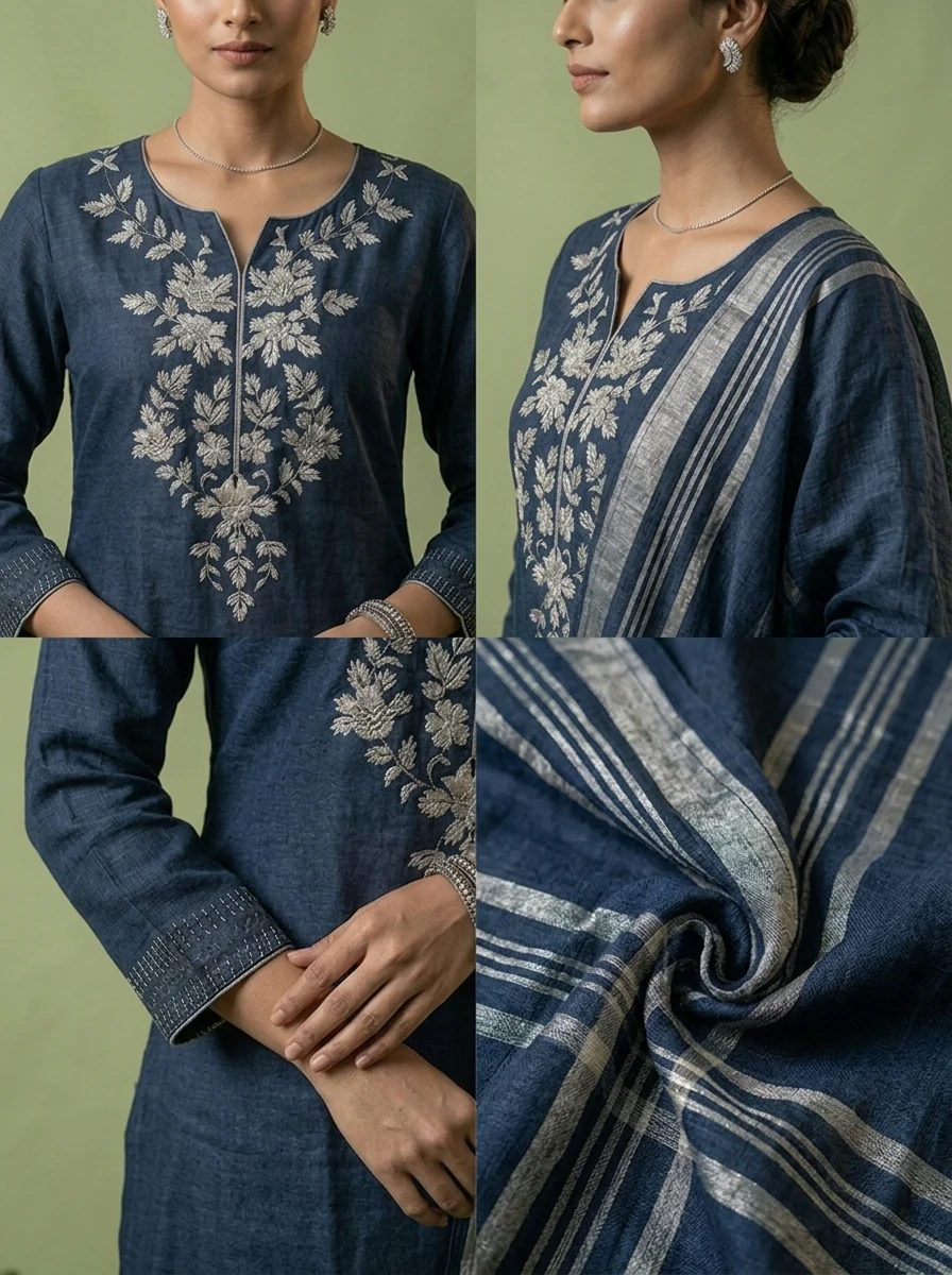 Navy Blue Linen Floral Thread Embroidery Three Piece Set - Image 5