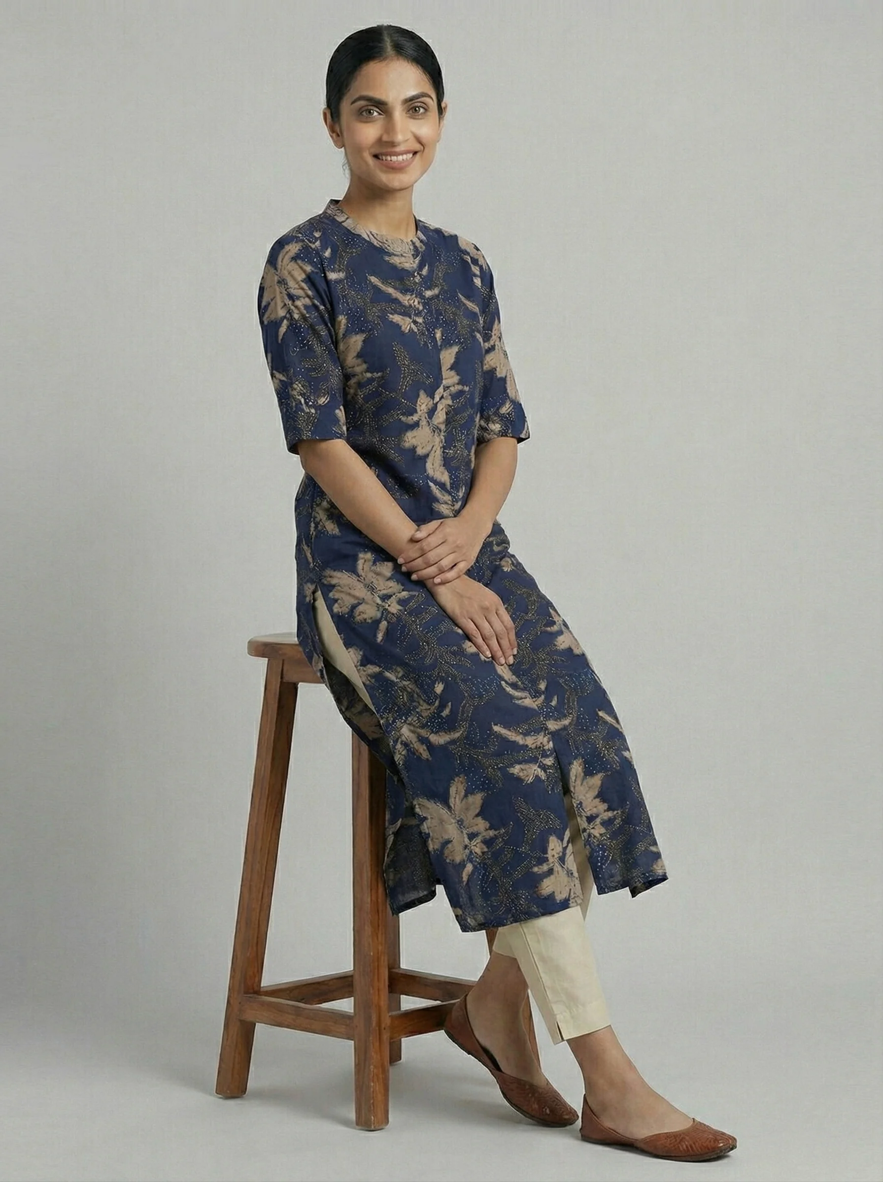 Navy Blue Modal Silk Floral Digital Print Kurta - Image 2