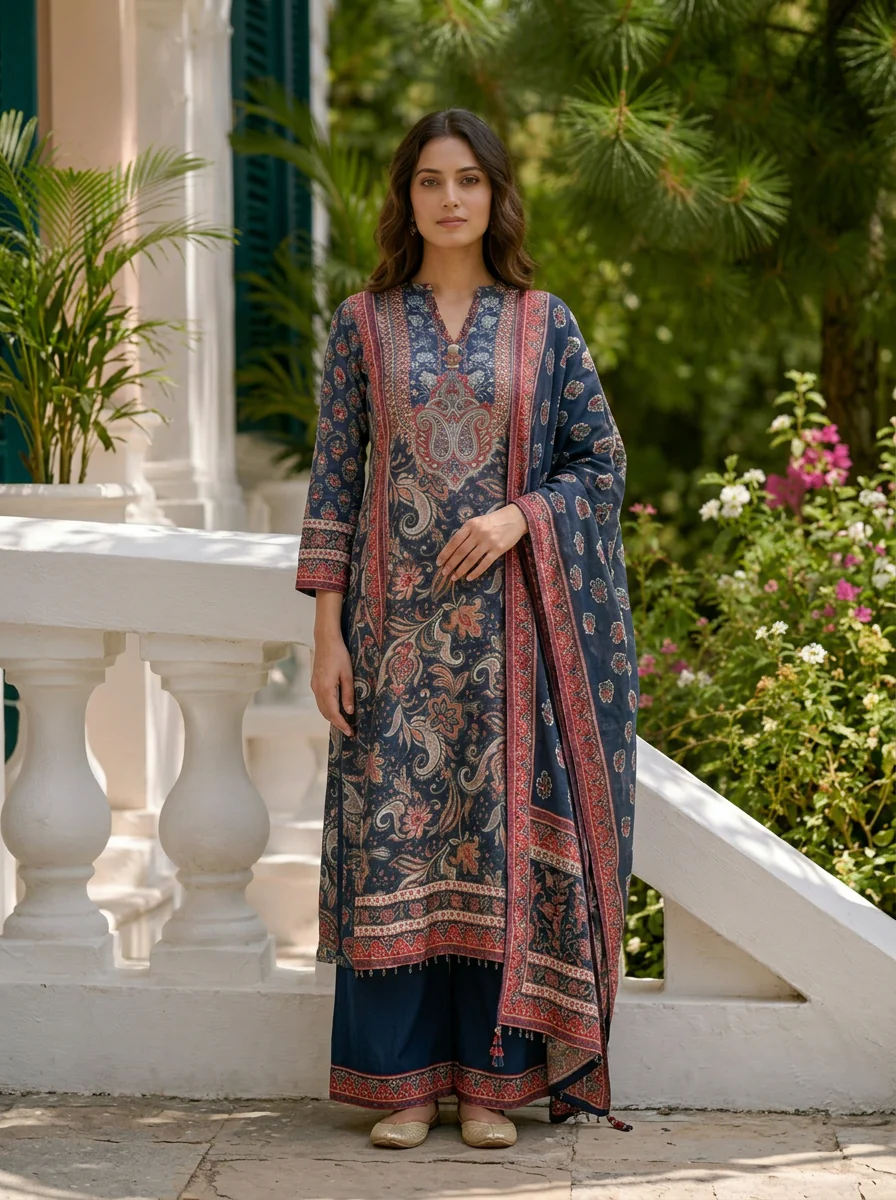 Navy Blue Muslin Floral Printed Three Piece Set - Image 2