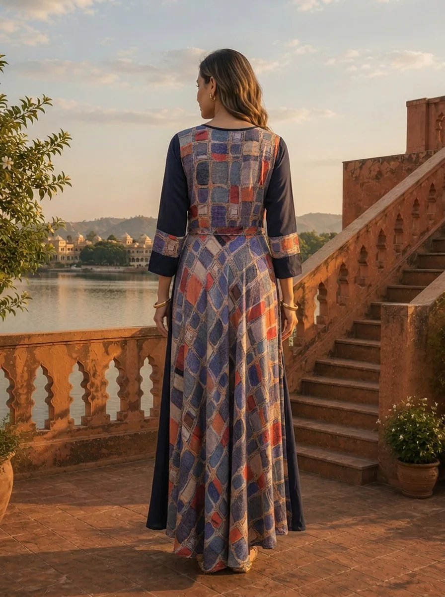 Navy Blue Rayon Floral Embroidery Dress - Image 2