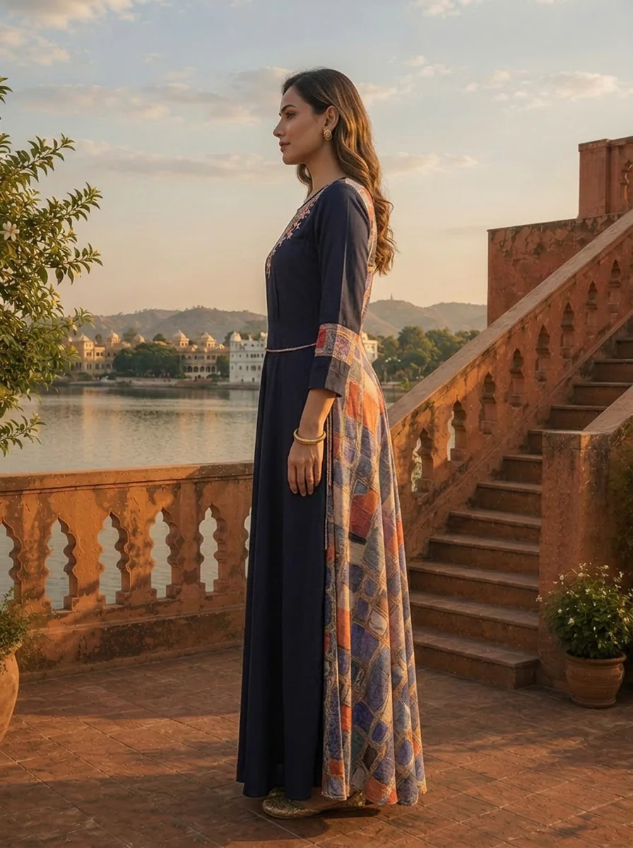 Navy Blue Rayon Floral Embroidery Dress - Image 3