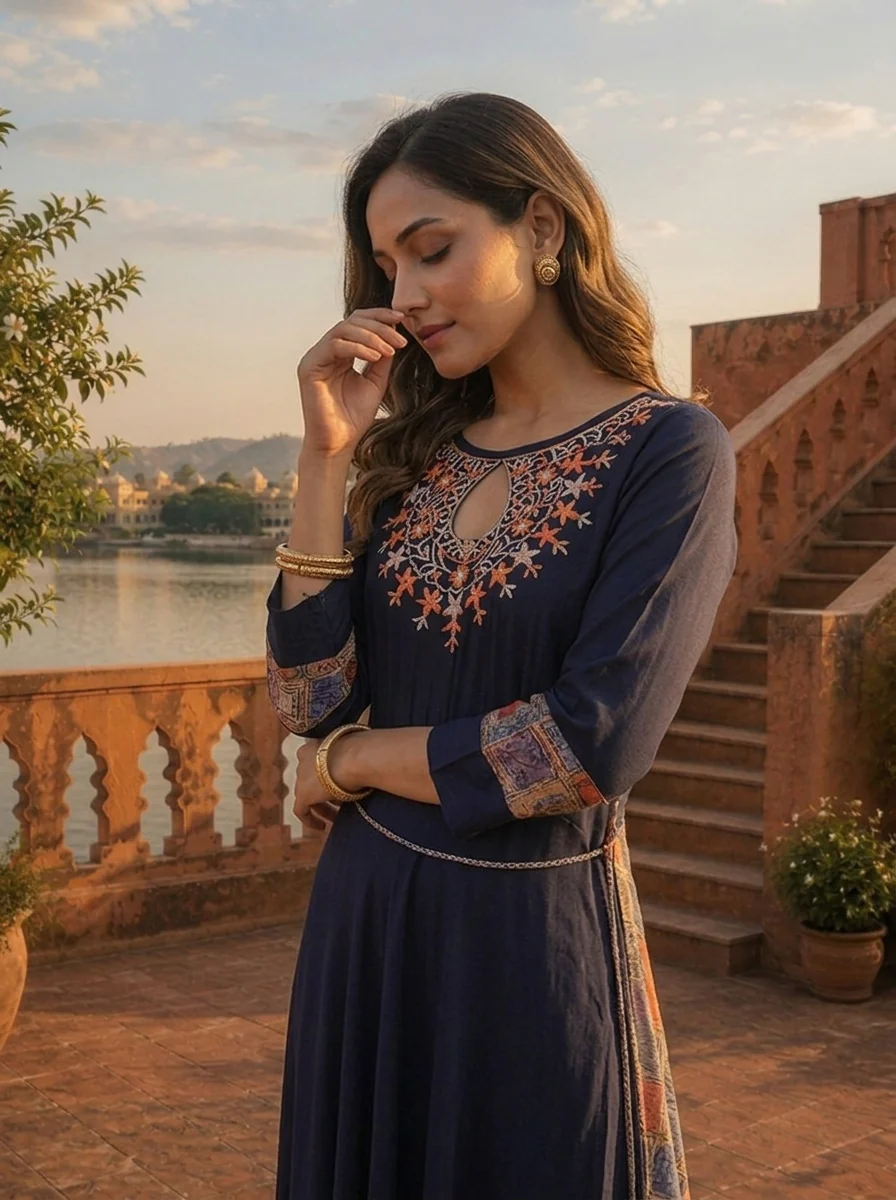 Navy Blue Rayon Floral Embroidery Dress - Image 4
