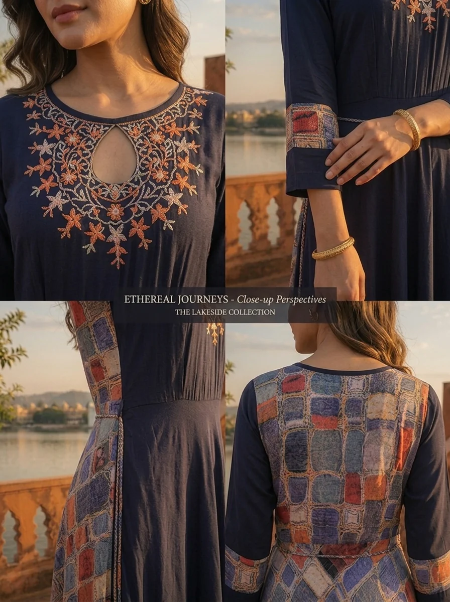 Navy Blue Rayon Floral Embroidery Dress - Image 5