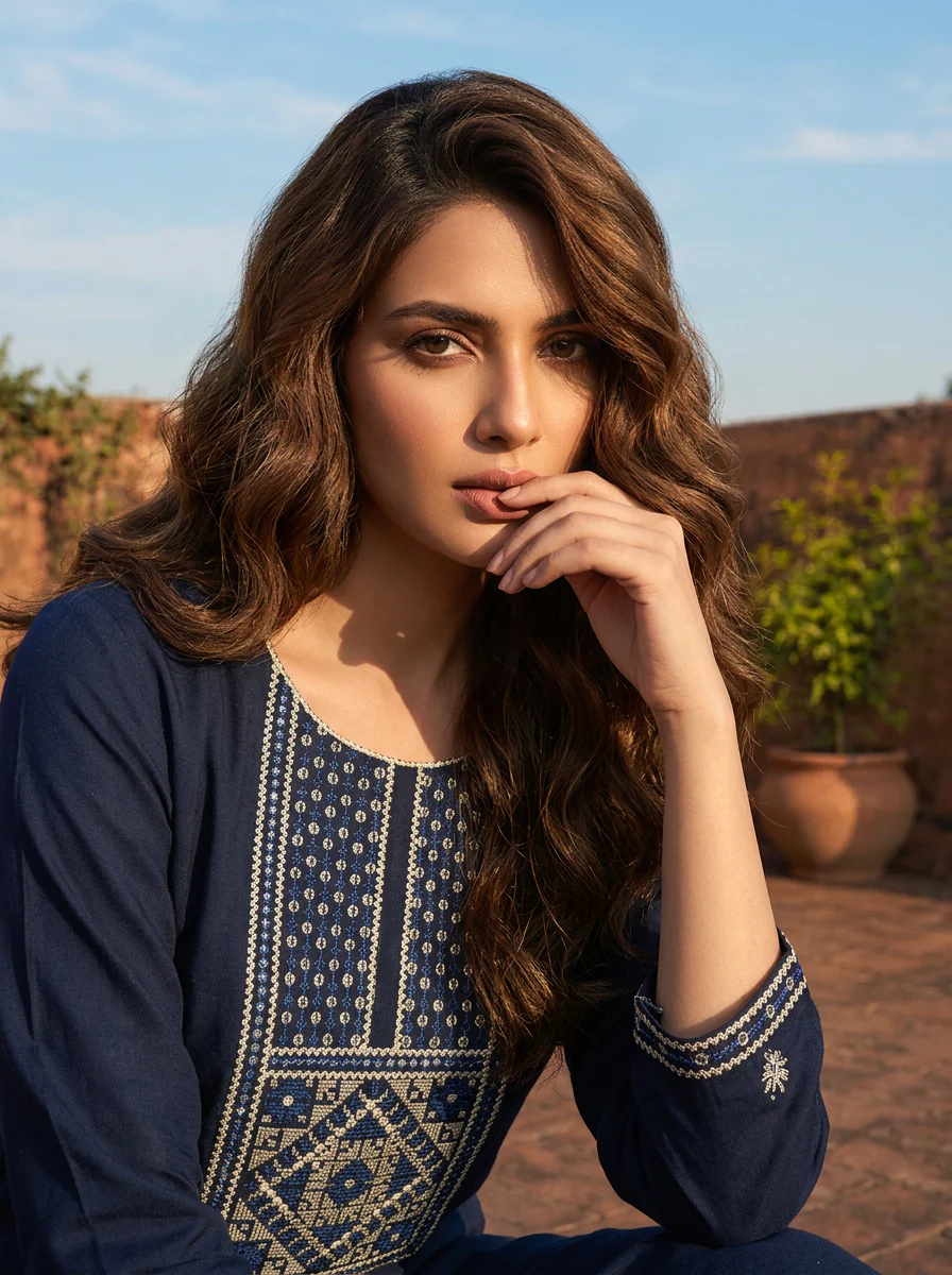 Navy Blue Rayon Rectangular Geometric Embroidered Kurta - Image 2