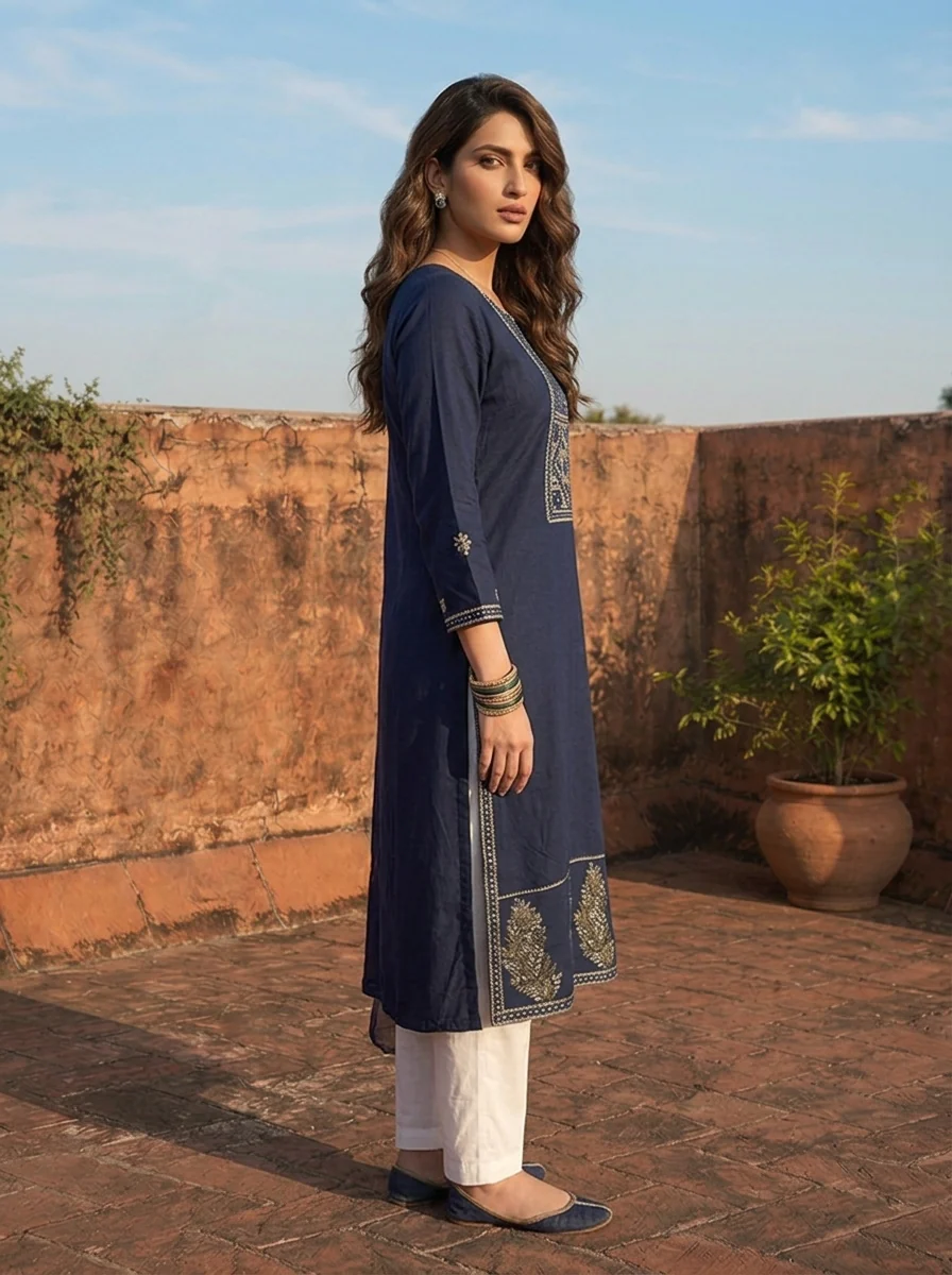 Navy Blue Rayon Rectangular Geometric Embroidered Kurta - Image 4