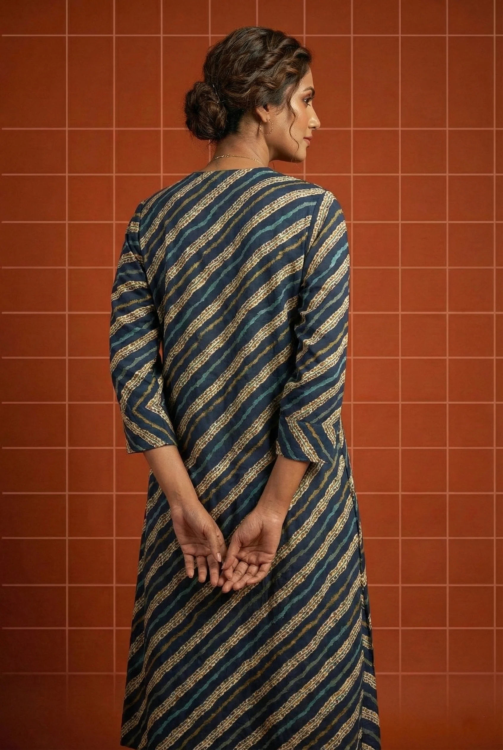 Navy Blue Rayon Striped Ethnic Long Kurta - Image 3