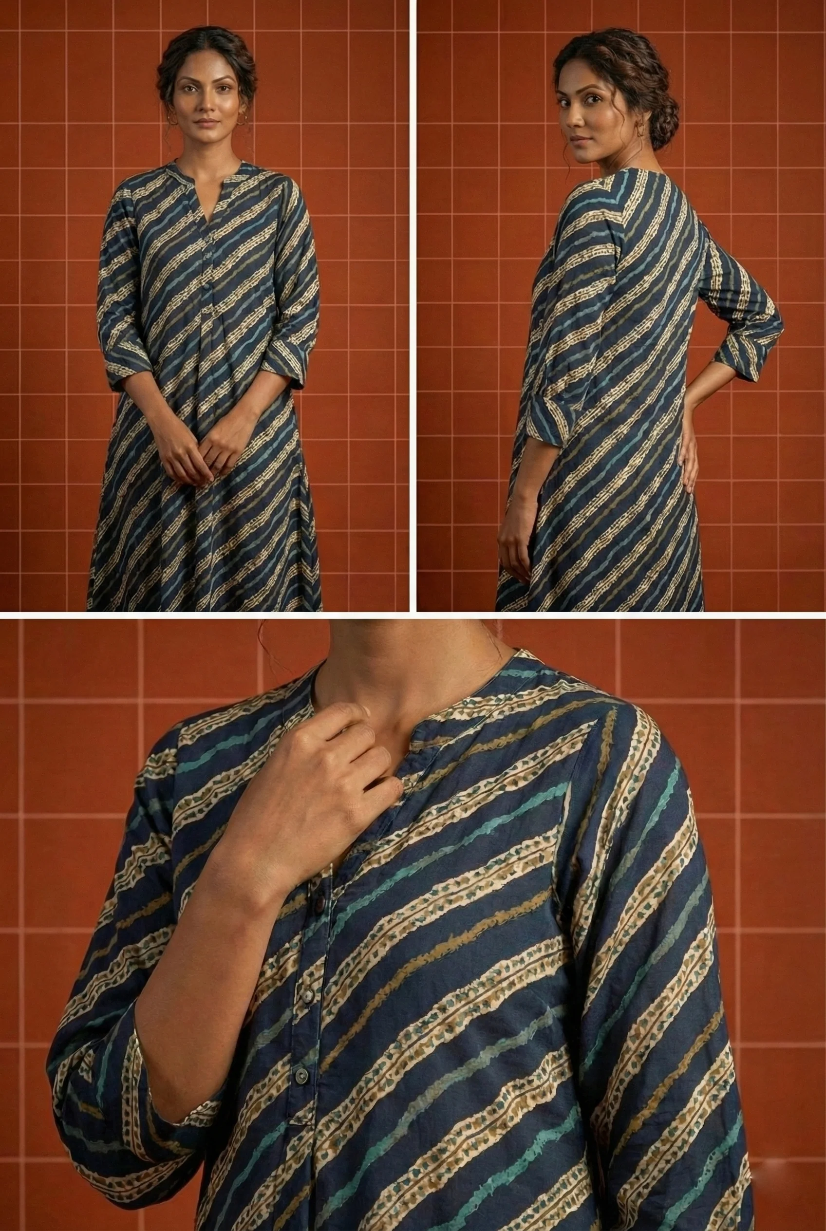 Navy Blue Rayon Striped Ethnic Long Kurta - Image 5
