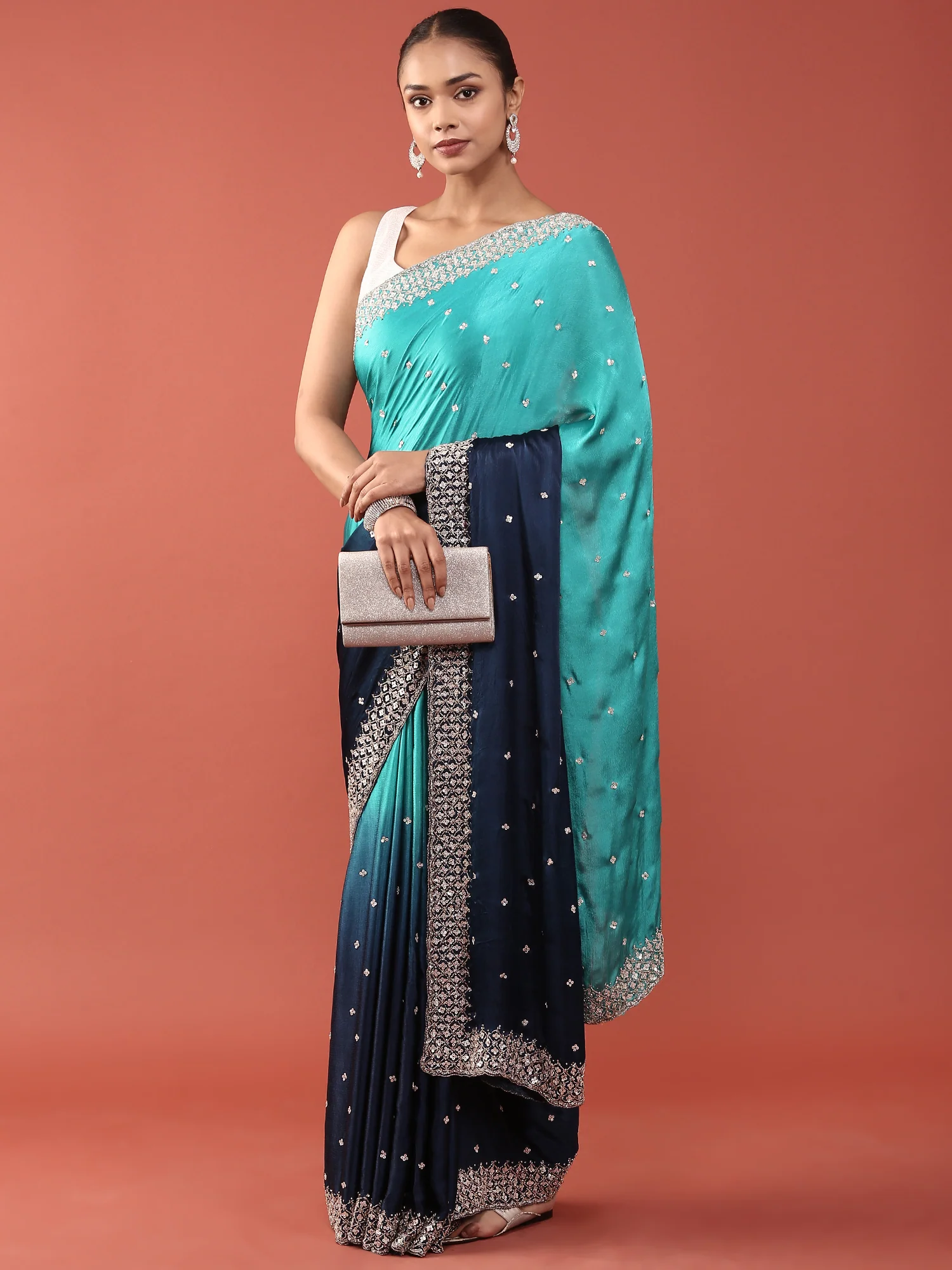 Navy Blue Satin Stone And Thread Embroidery Saree