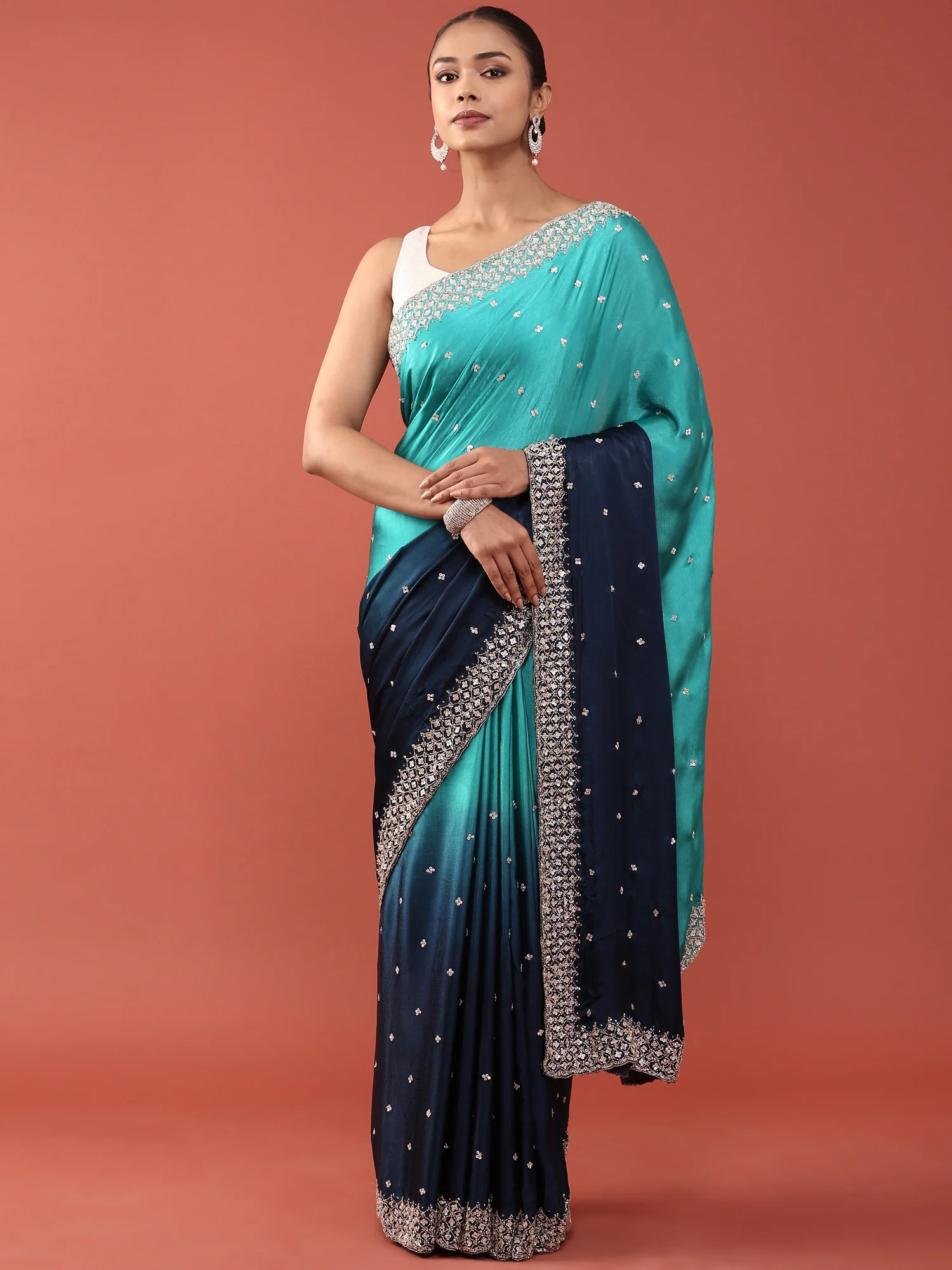 Navy Blue Satin Stone And Thread Embroidery Saree - Image 4