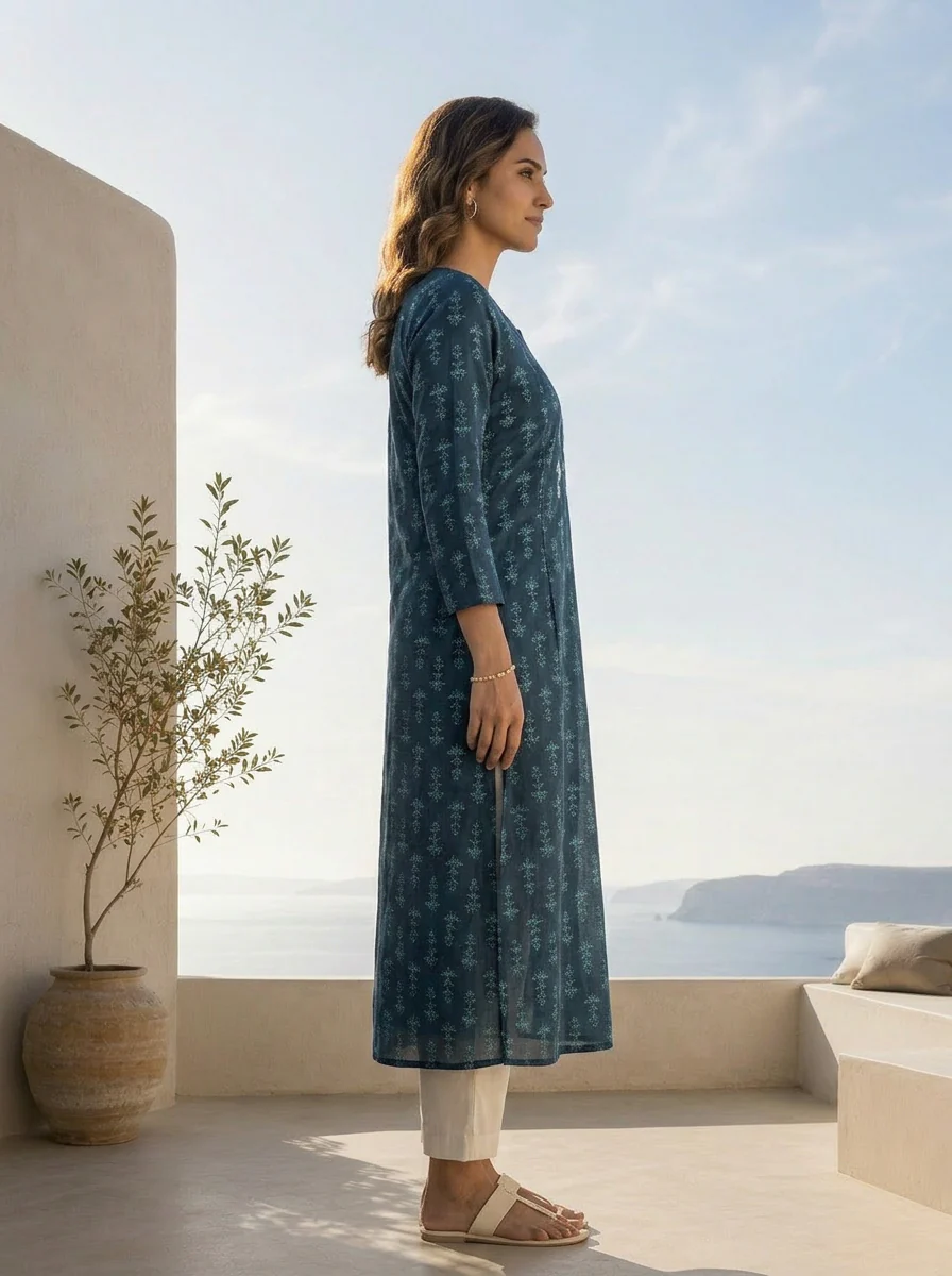 Navy Blue Silk Ethnic Motifs Printed A-Line Kurta - Image 3