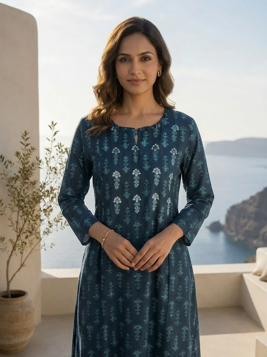 Navy Blue Silk Ethnic Motifs Printed A-Line Kurta - Image 4