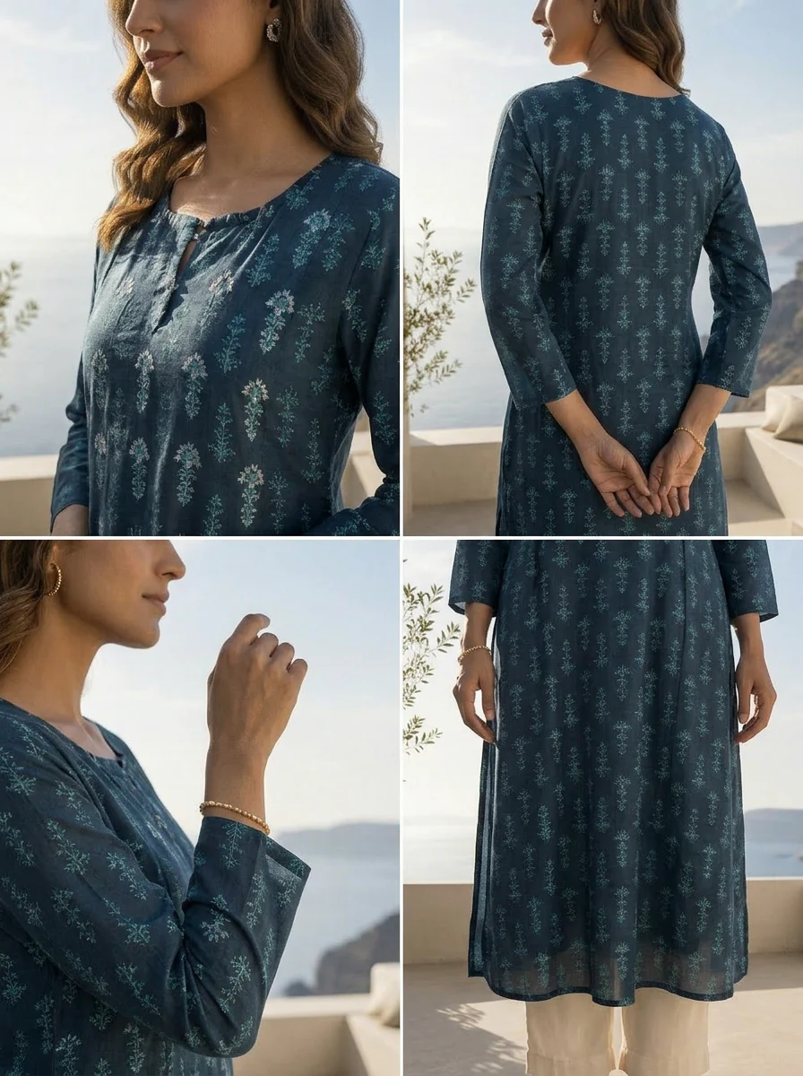 Navy Blue Silk Ethnic Motifs Printed A-Line Kurta - Image 5