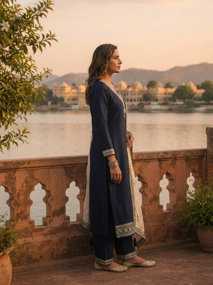 Navy Blue Vichitra Silk Geometric Zari Embroidery Three Piece Set - Image 3