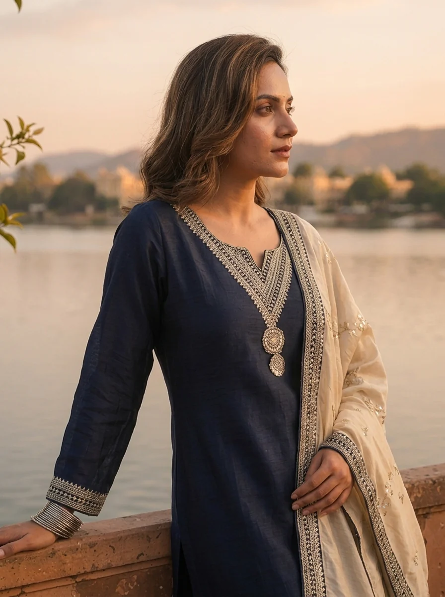Navy Blue Vichitra Silk Geometric Zari Embroidery Three Piece Set - Image 4