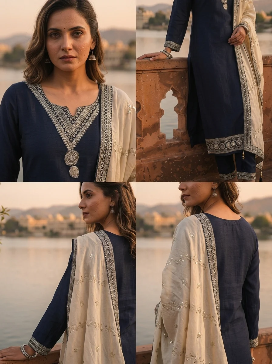 Navy Blue Vichitra Silk Geometric Zari Embroidery Three Piece Set - Image 5