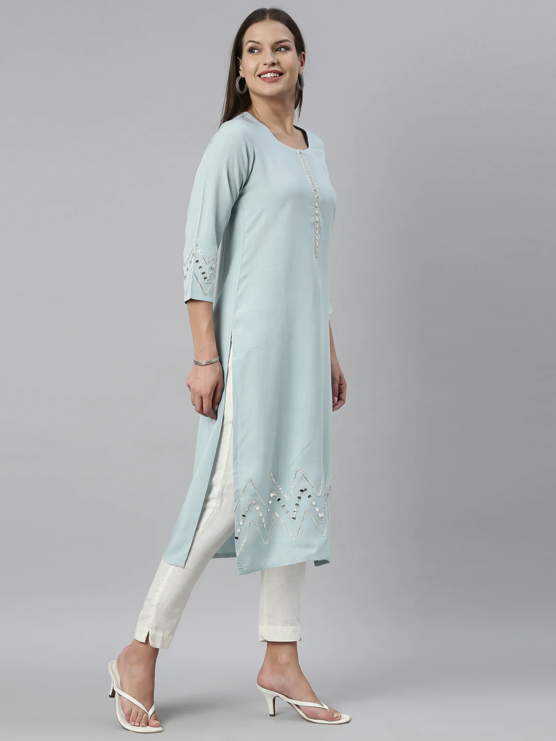 Neerus Aqua Color Slub Rayon Fabric Kurta - Image 10