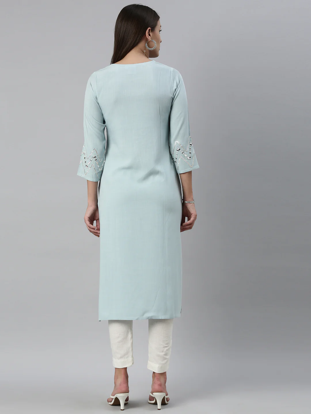 Neerus Aqua Color Slub Rayon Fabric Kurta - Image 11
