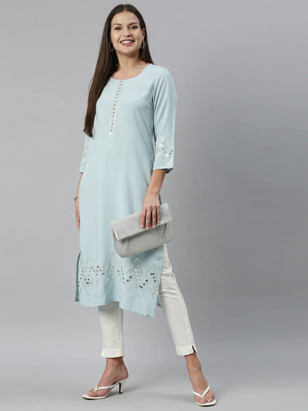 Neerus Aqua Color Slub Rayon Fabric Kurta - Image 12