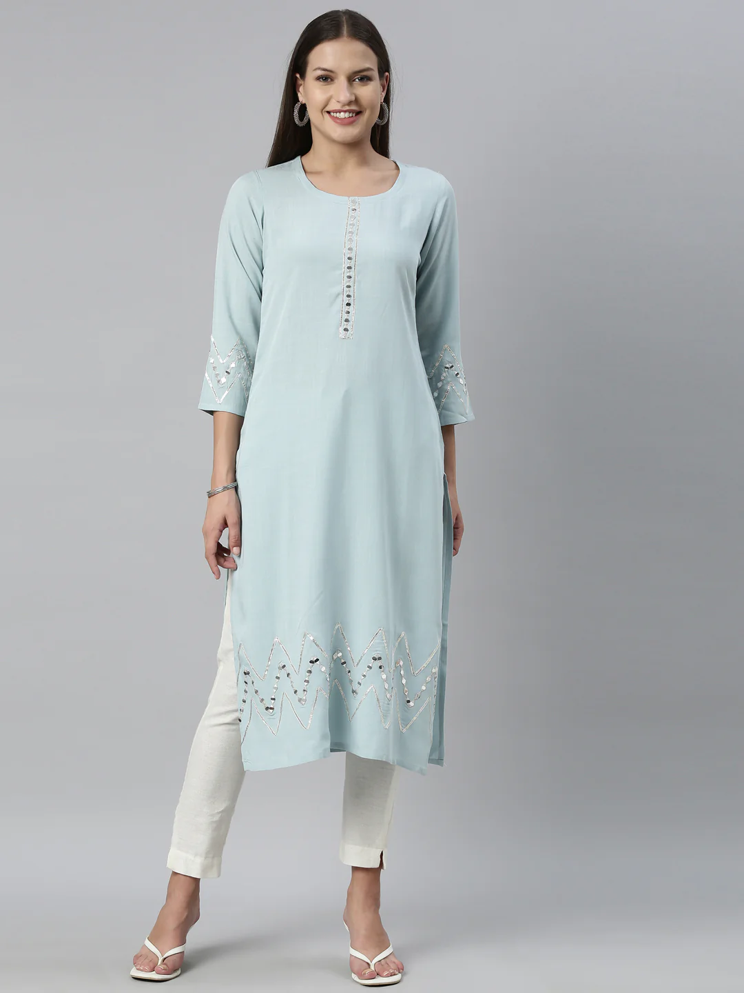 Neerus Aqua Color Slub Rayon Fabric Kurta - Image 15