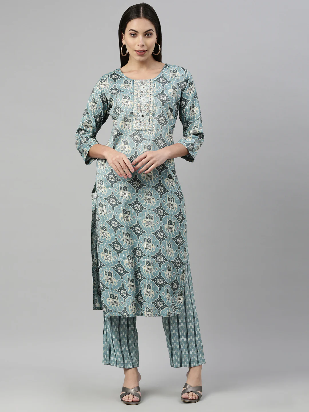 Neerus Aqua Color Slub Rayon Fabric Suit Set