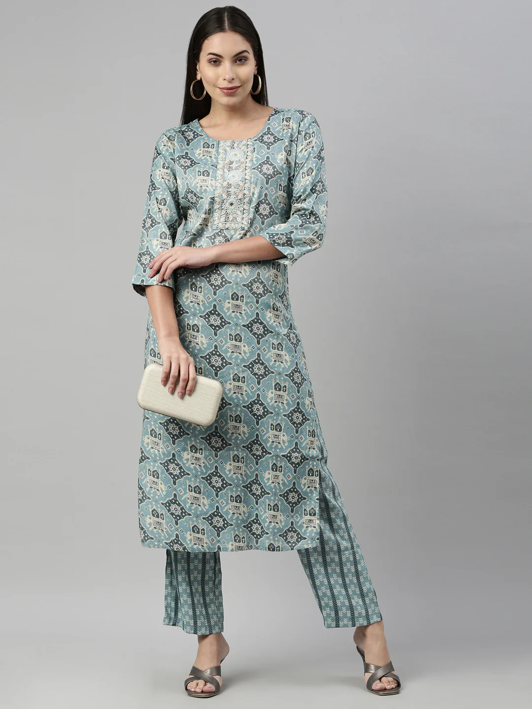Neerus Aqua Color Slub Rayon Fabric Suit Set - Image 6