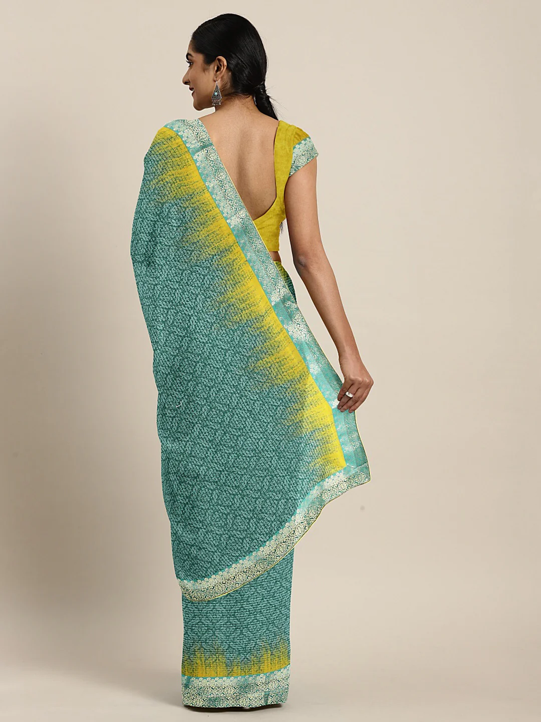 Neerus Aqua Printed Saree With Blouse - Image 2