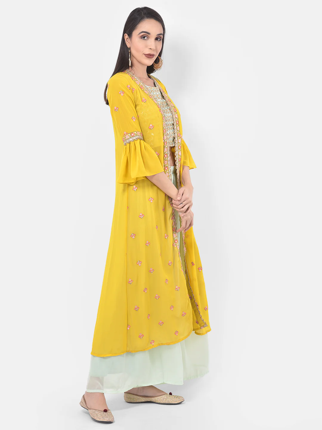 Neerus Aqua & Yellow Embellished Top & Palazzo Set With Shrug - Image 2