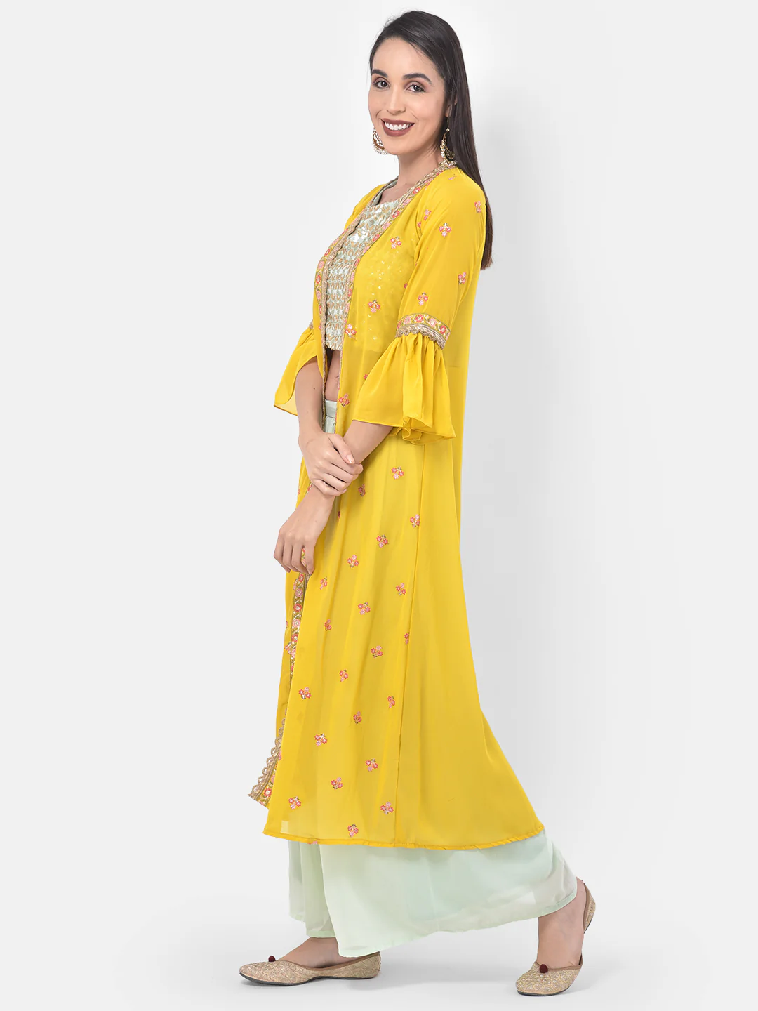 Neerus Aqua & Yellow Embellished Top & Palazzo Set With Shrug - Image 3