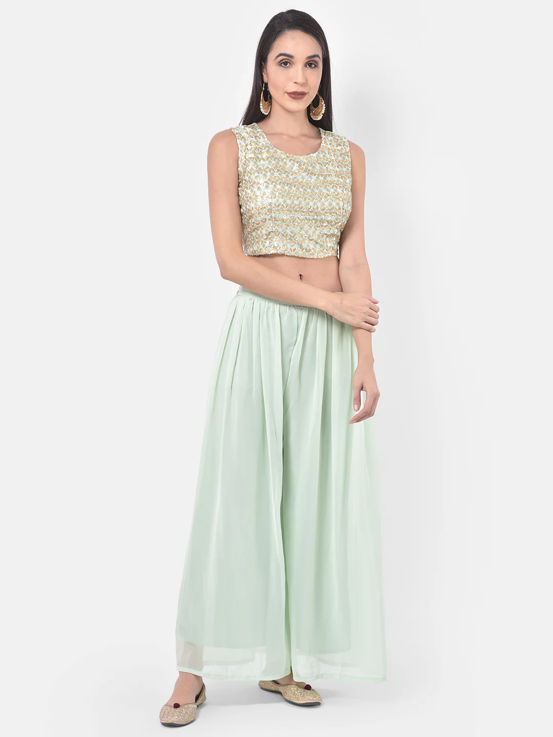Neerus Aqua & Yellow Embellished Top & Palazzo Set With Shrug - Image 8