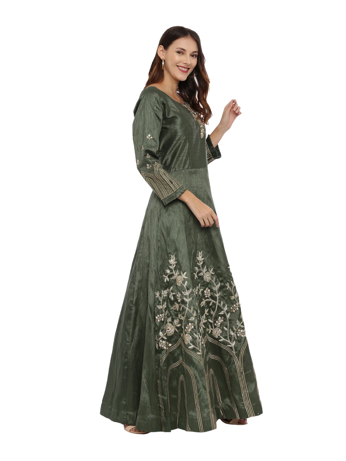 Neerus B Green Color Silk Fabric Full Sleeves Suit-Anarkali - Image 3