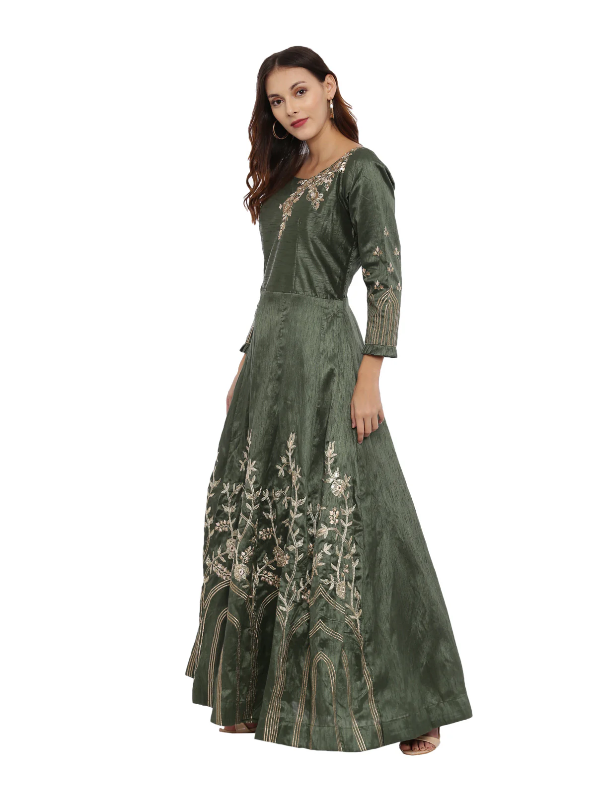Neerus B Green Color Silk Fabric Full Sleeves Suit-Anarkali - Image 5