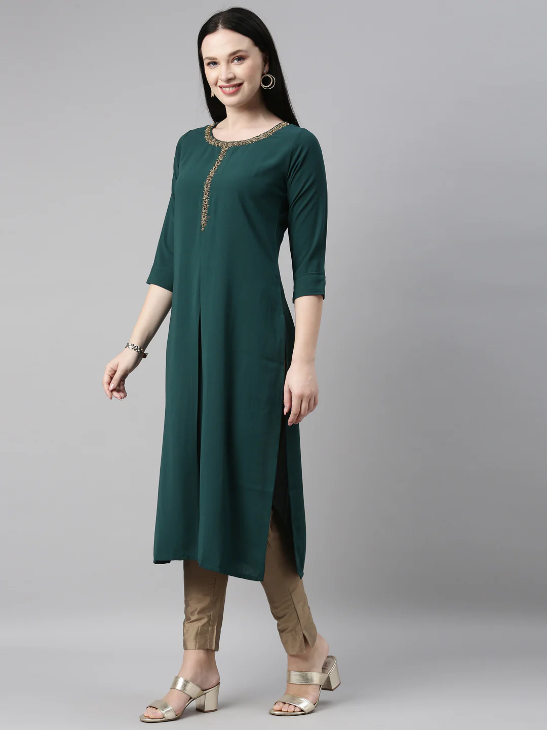 Neerus B Green Color Slub Riyon Fabric Kurta - Image 3