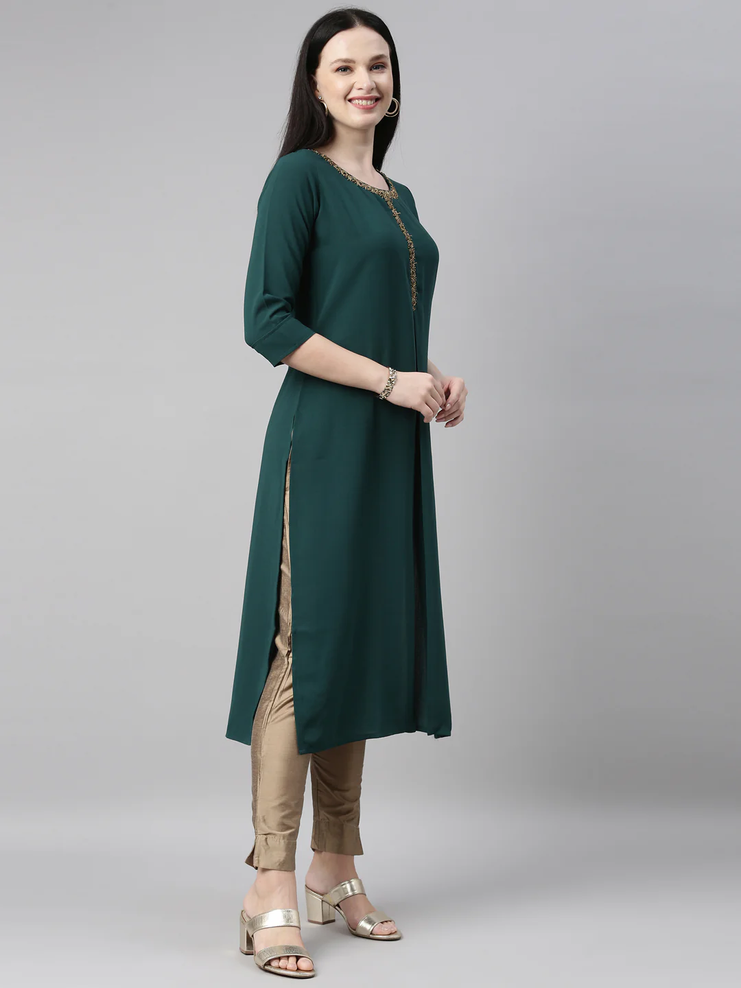 Neerus B Green Color Slub Riyon Fabric Kurta - Image 4